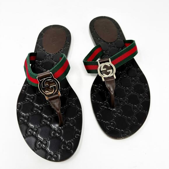 Gucci GG Thong Web Stripe Sandals Flip Flops - Picture 1 of 12